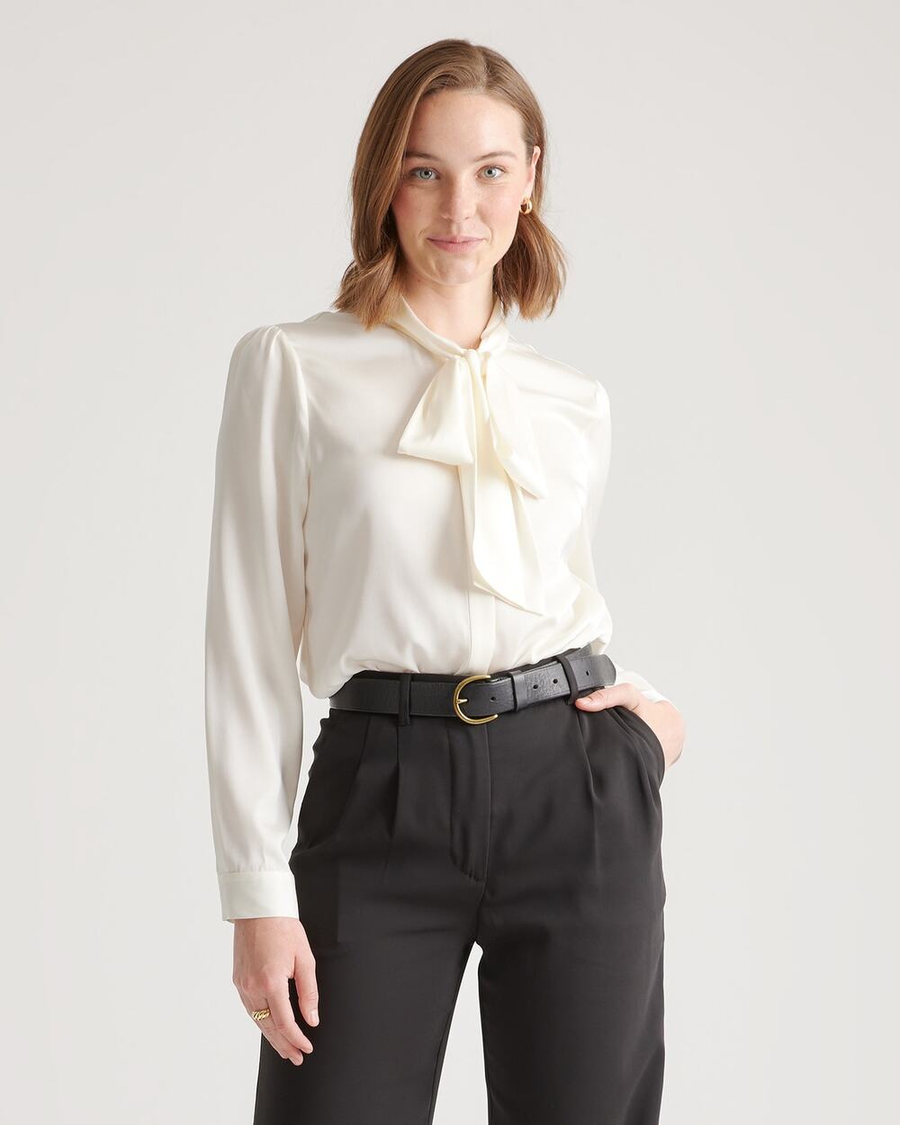 NWT Quince Washable Stretch Silk Tie Neck Blouse Ivory M
